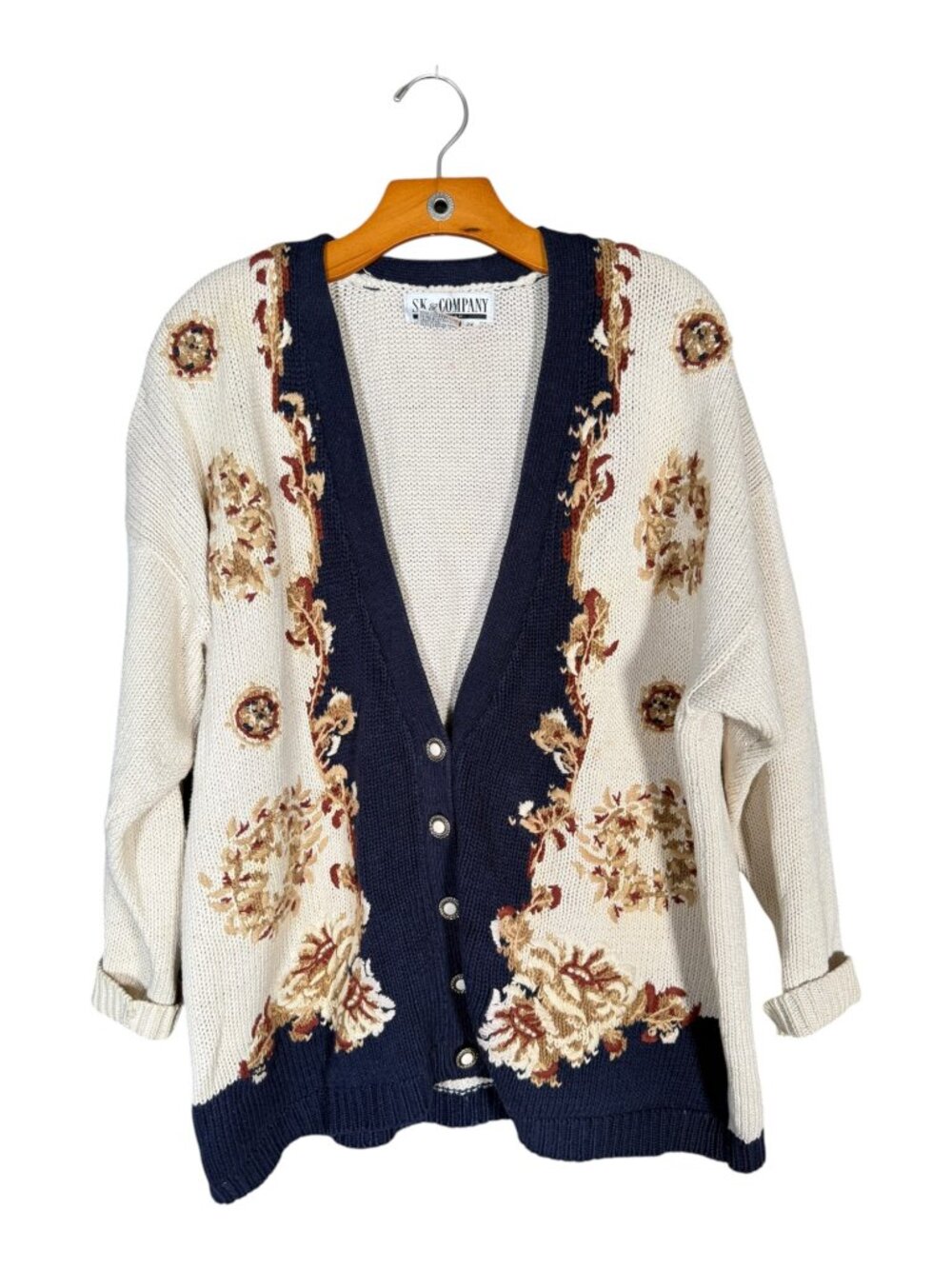 Vintage Floral Cotton Ramie Cardigan Cream Navy Grandma Boho Cottagecore 2X